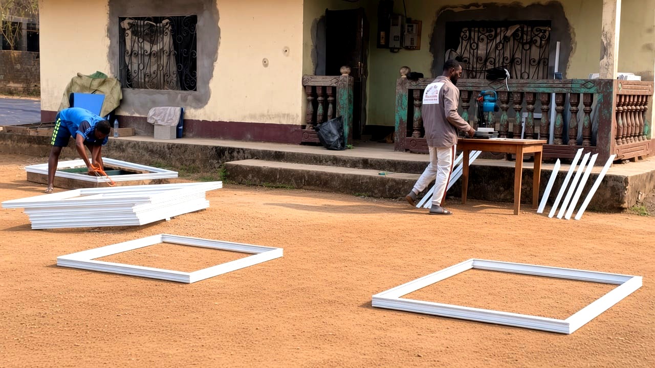 NNANG Group technicians assembling aluminium window frames in the workshop yard